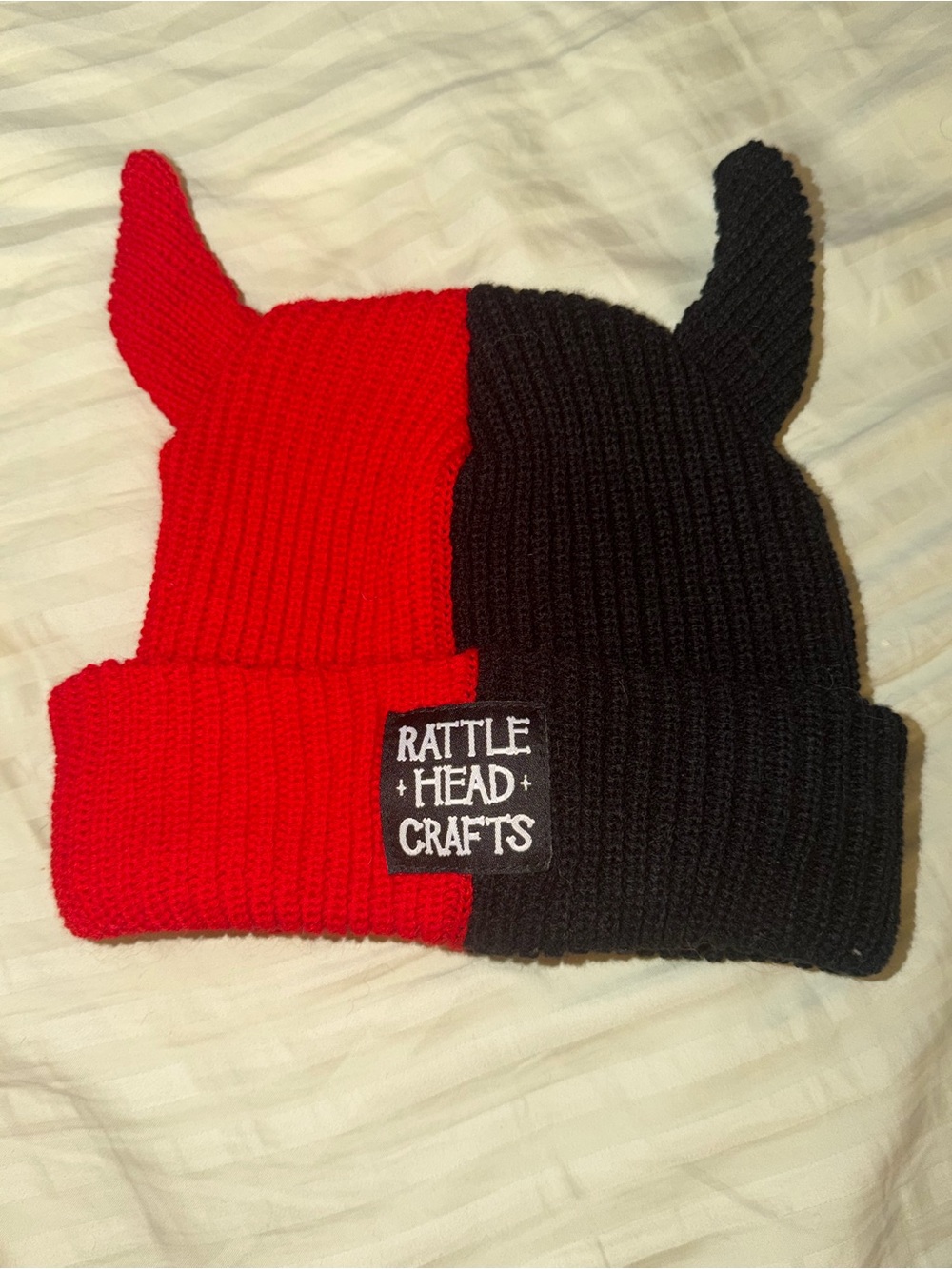 Two-Tone Red & Black Knit Horn Beanie